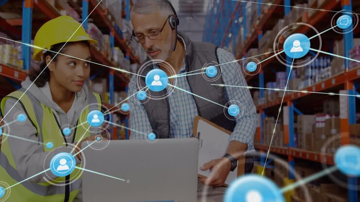 Animazione di una rete di connessioni su diversi lavoratori in un magazzino