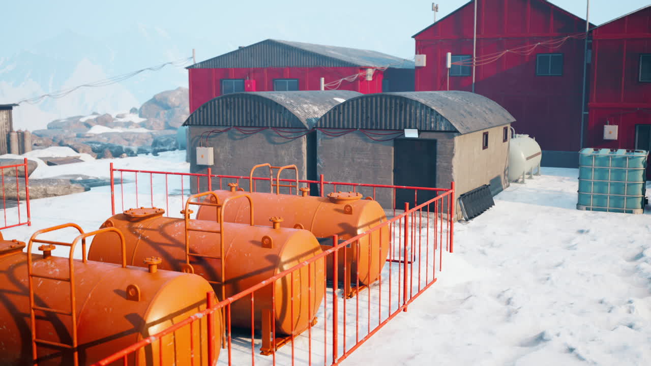Old research station in antarctica with storage tanks and snowy landscape
