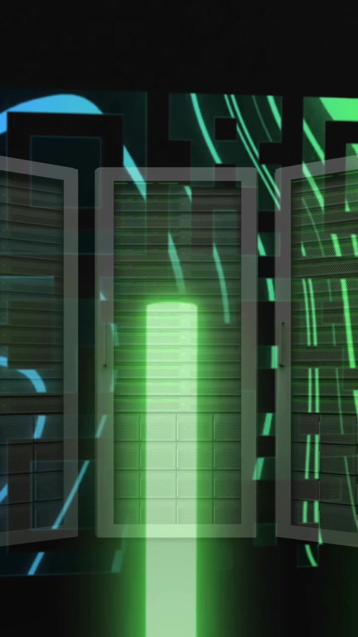 Animation of qr code over neon shapes and server room on black background