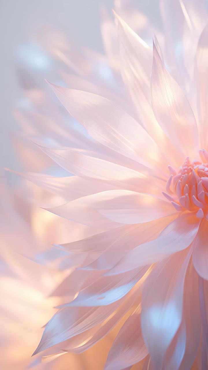 Video ravvicinato di un delicato fiore color pastello con illuminazione soffusa, che ne cattura l'eterea bellezza