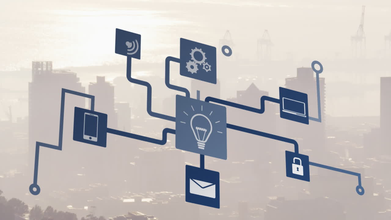 Animation of icons flow chart over fog covered modern cityscape against sky