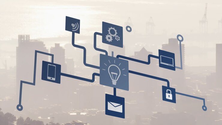 Animation of icons flow chart over fog covered modern cityscape against sky