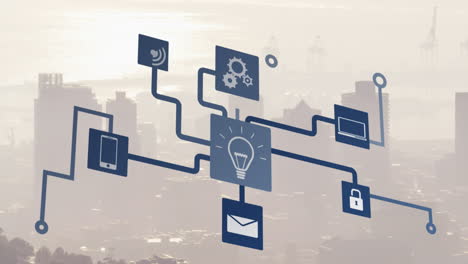 animación de iconos diagrama de flujo sobre niebla cubierta paisaje urbano moderno contra el cielo