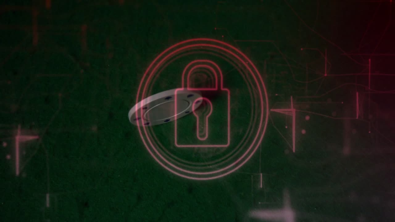 Sneaker foot entering bottom tracing clockwise white stroke on lock activating neon rings unlocking