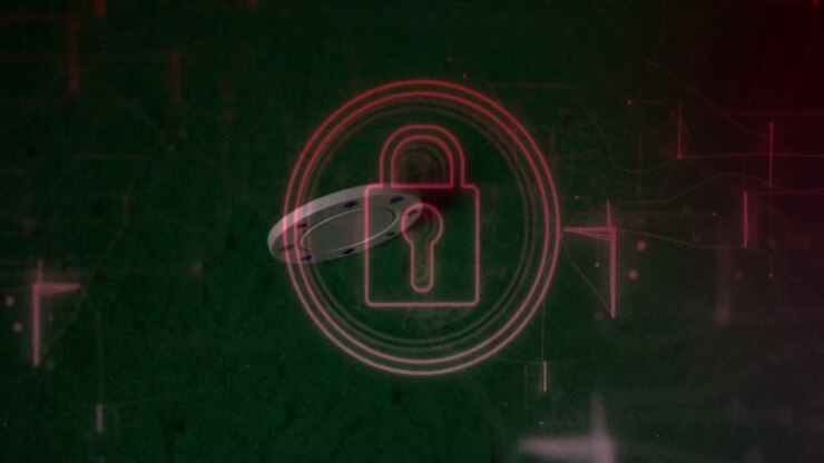 Sneaker foot entering bottom tracing clockwise white stroke on lock activating neon rings unlocking
