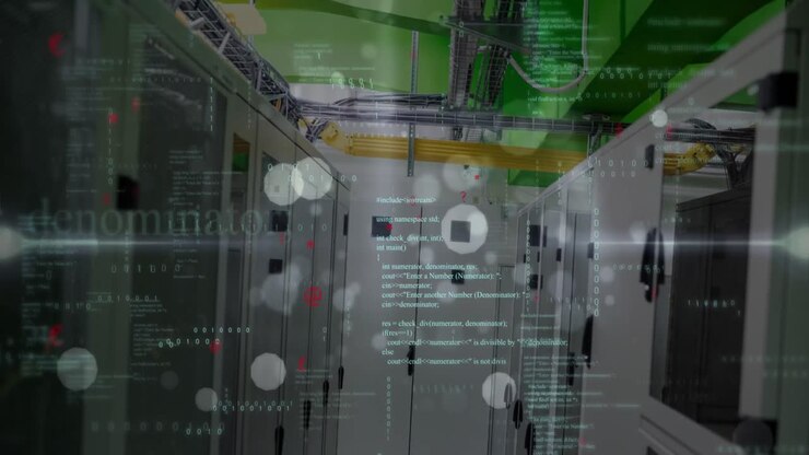 Animation of data processing, symbols, white spots and light trails against computer server room