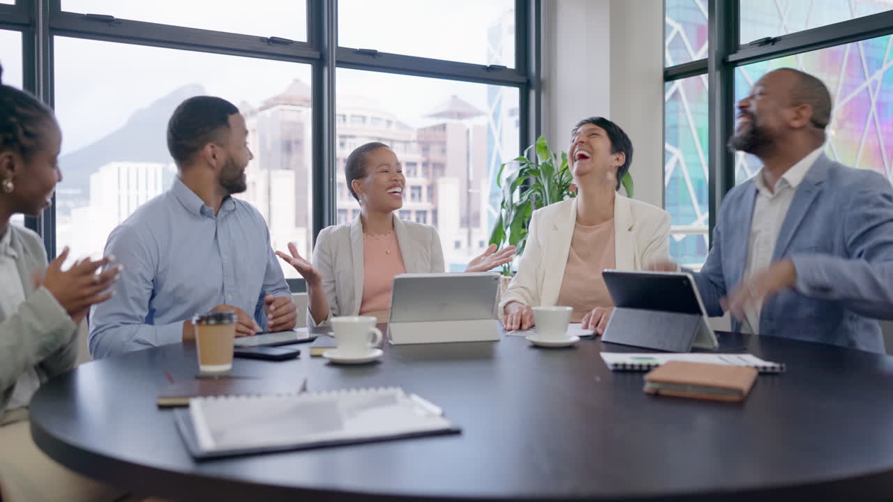 Applause, teamwork and funny with business people