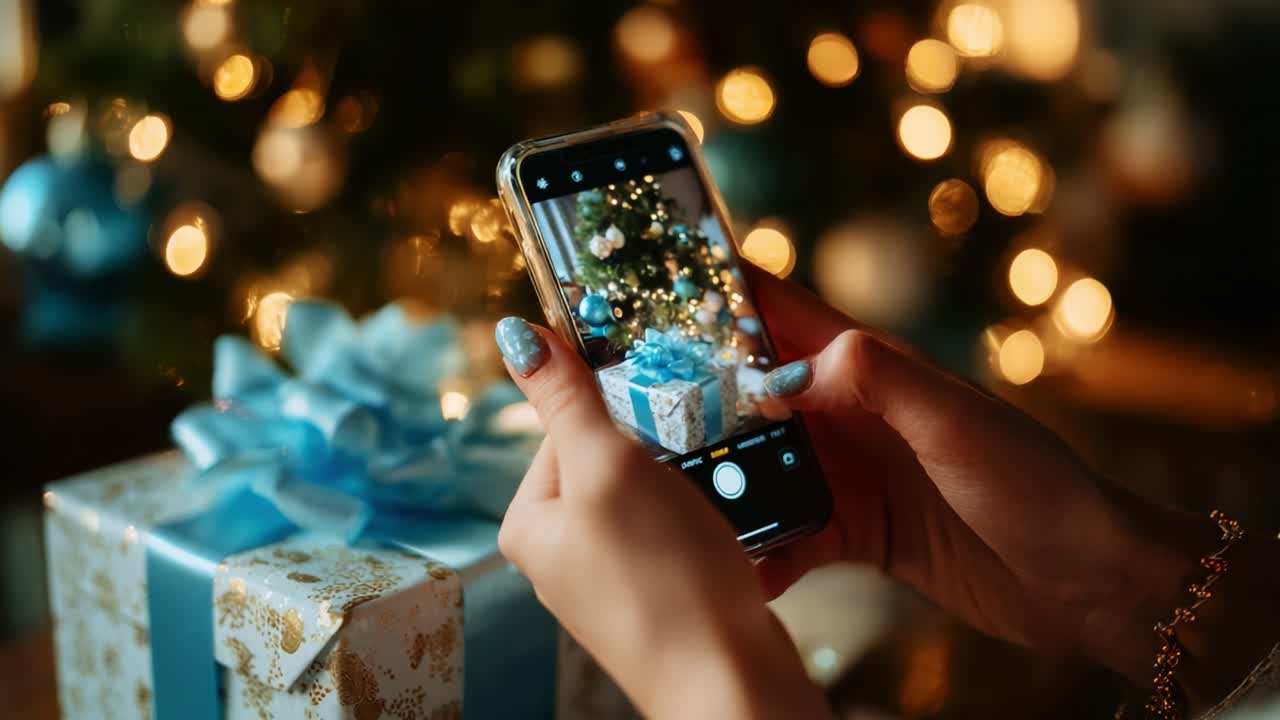 Capturing the Magic of the Holidays: A Close-Up of a Hand Holding a Phone, Taking a Picture of a Beautifully Wrapped Gift Under a Sparkling Christmas Tree