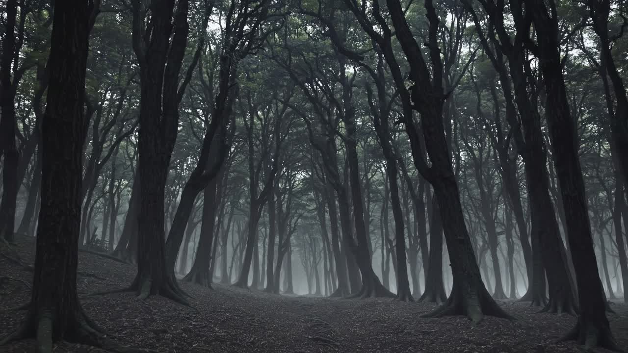 Cena misteriosa de floresta com árvores imponentes na névoa, capturada de baixo ângulo, criando uma atmosfera enigmática.