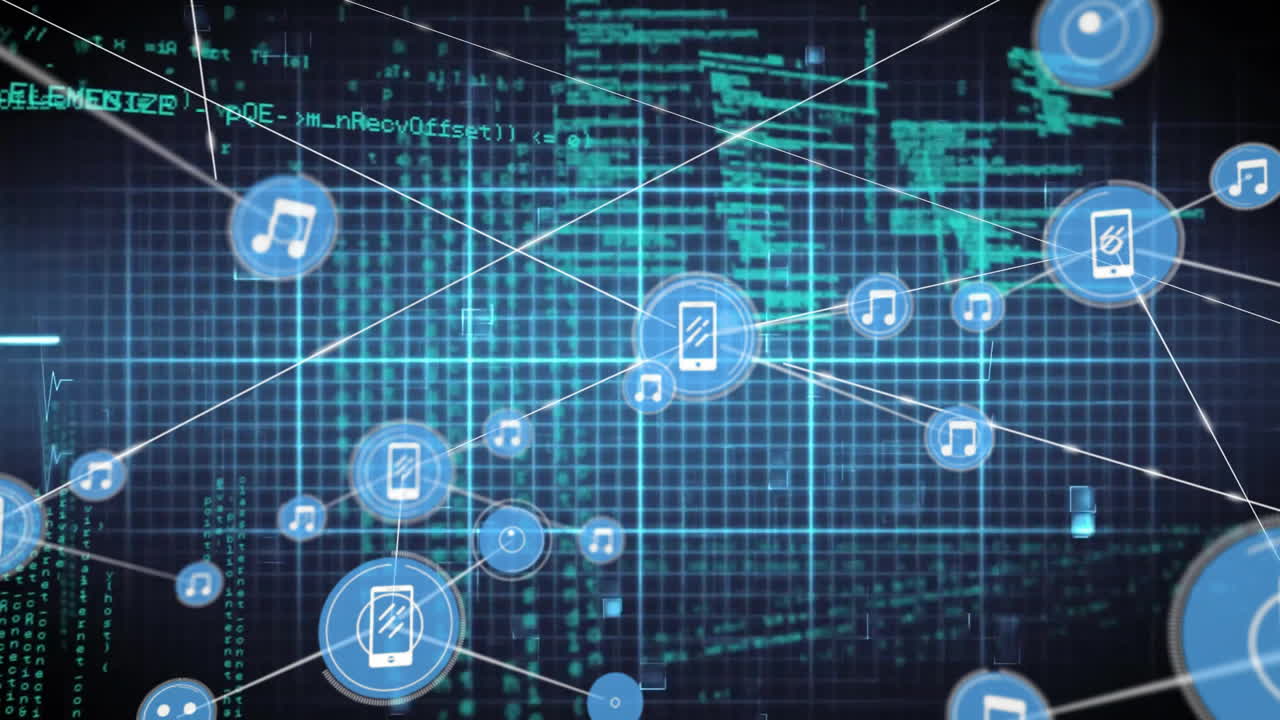 Animation of network of connections with icons over data processing on black background