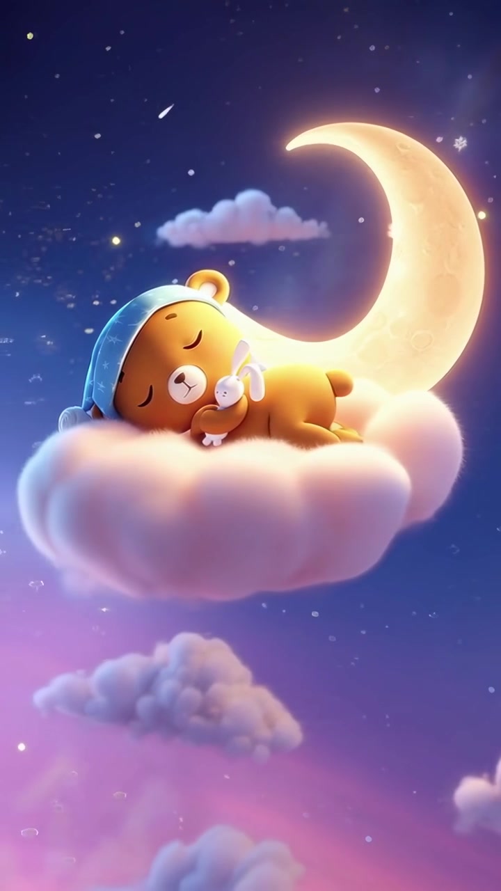 Cute Cartoon Bear Sleeping on a Cloud under a Crescent Moon
