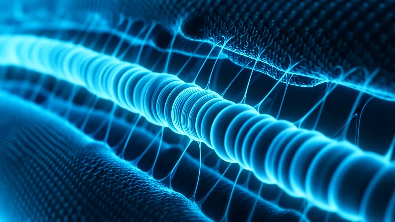 Abstrakt lysende blå bølge, der strømmer gennem et mørkt digitalt net, med en lys central kerne og elegant bevægelse, der skaber en futuristisk teknologibaggrund.