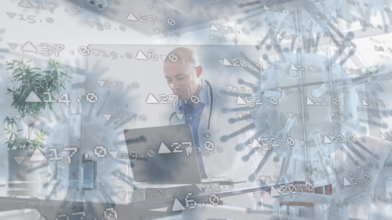 코로나19 세포의 이동과 주식 시장 데이터 처리와 노트북을 사용하는 의사와의 대결