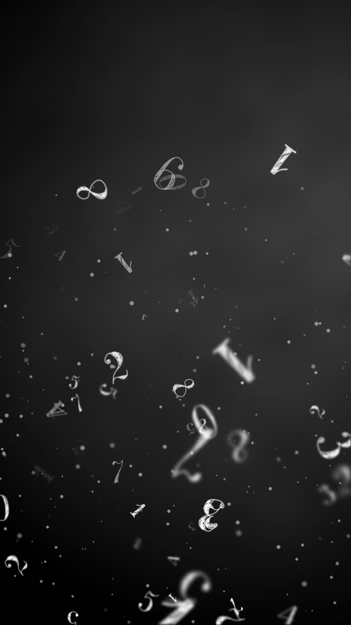 Abstract math number background. Black white colors random sign flying border frame. Numeral count concept. Vertical video.