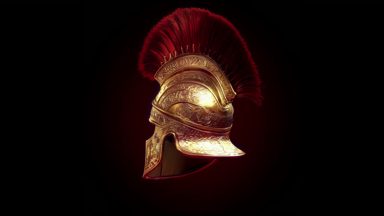 An exquisite ancient roman gladiator helmet adorned with a striking red plume feature