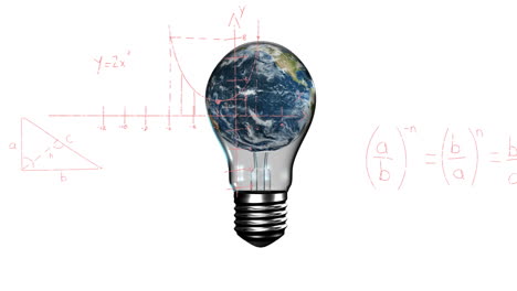 animación de una bombilla con globo sobre ecuaciones matemáticas en fondo blanco