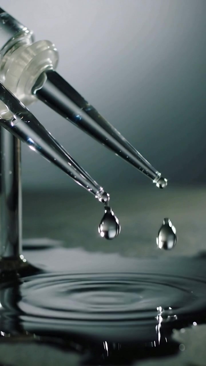 Video verticale: Distacco di due punte di pipetta che fanno cadere goccioline in una pozza su un banco, creando increspature.