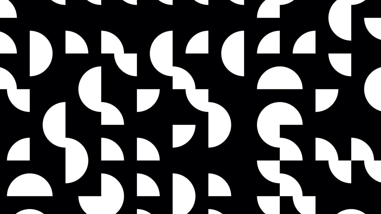 Abstract black and white mosaic with geometric shapes in minimal dynamic pattern. Motion graphic background in a flat design