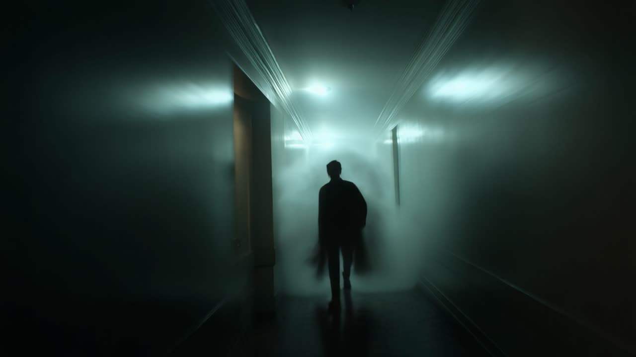 A Mysterious Figure Emerges from the Foggy Hallway, Captivating the Viewer with an Aura of Intrigue and Suspense in the Dimly Lit Environment