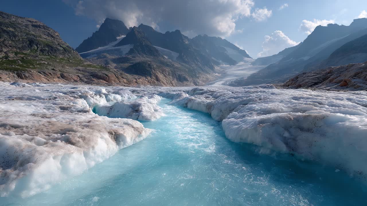 Stunning Glacial Landscape Featuring Majestic Mountains, Ice Formations, and Crystal Clear Water Flowing Beneath a Bright Sky in a Picturesque Natural Setting
