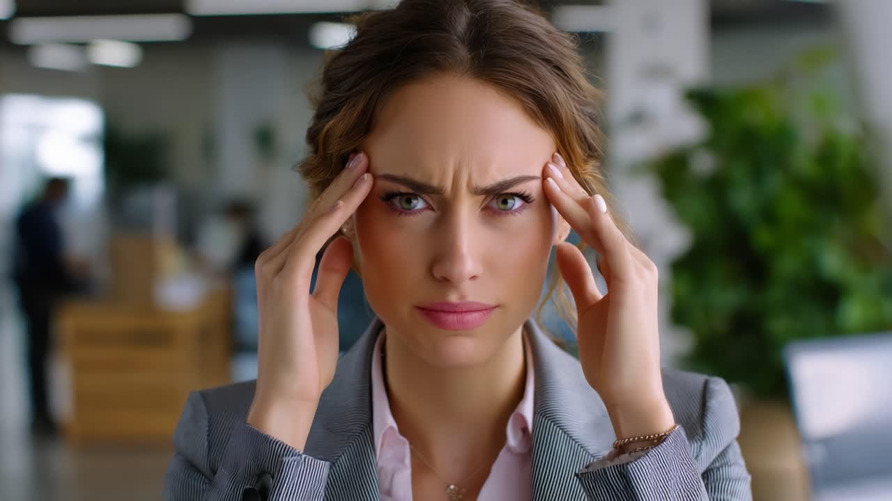 A stressed businesswoman sits in an office, massaging her temples with a troubled expression as she attempts to focus amidst overwhelming pressures and responsibilities in a bustling work environment