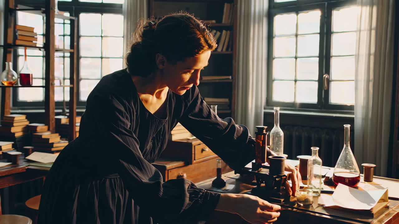 Scienziata d'epoca in laboratorio