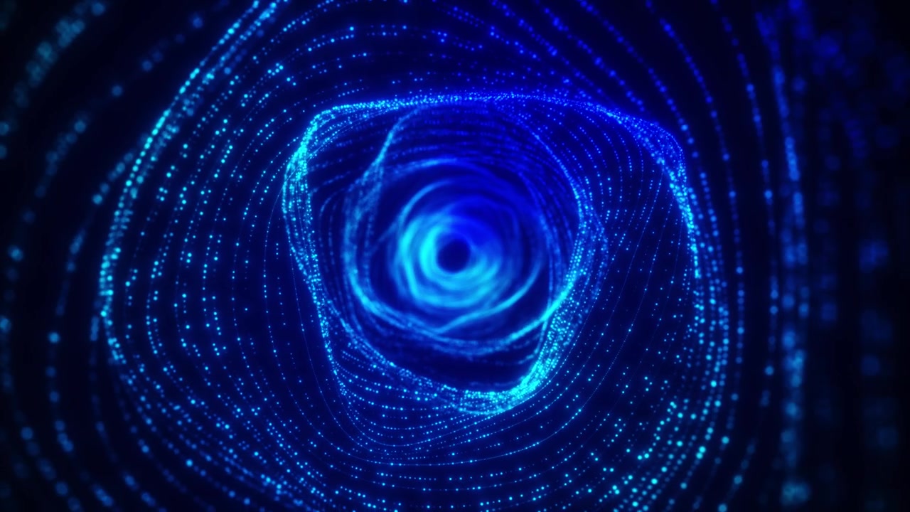 Glowing blue spiral portal visual bright dotted particle rings dark tunnel depth and smooth vortex