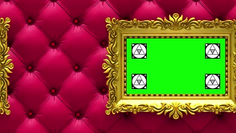 camera moves along gold picture frames on luxury red upholstery background. seamless looped 3d animation. motion tracking markers and green screen included.