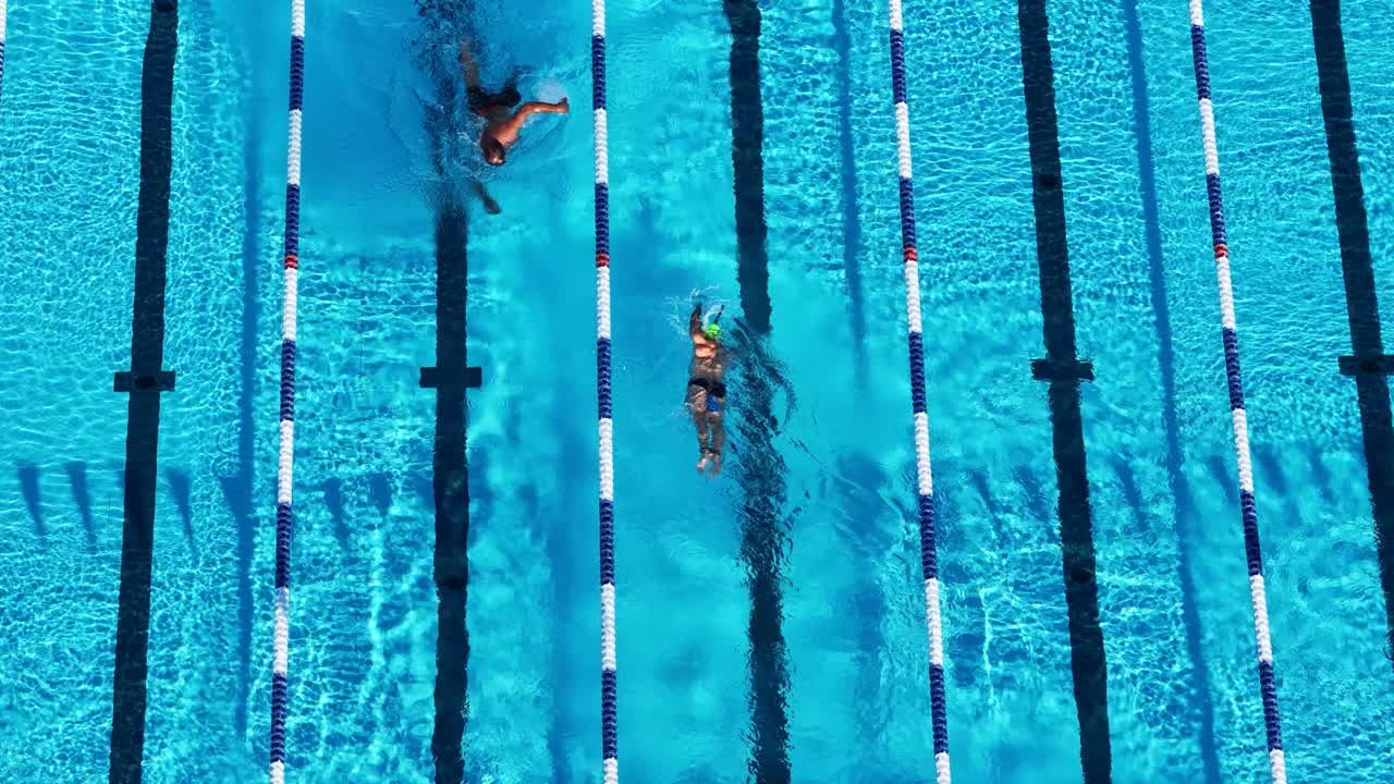 Drone captures swimmer practicing freestyle in a sunlit pool. Clear water, defined lanes, and dynamic movement create a vibrant scene