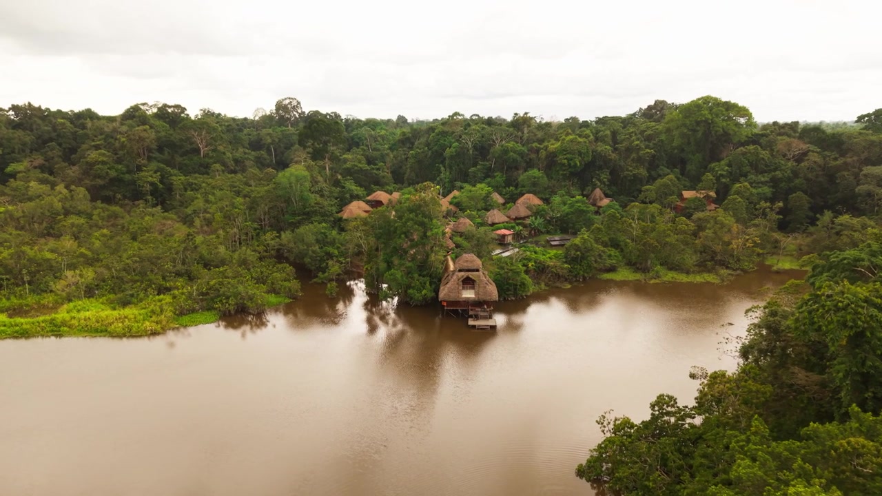 Drone view revealing a remote indigenous village with thatched huts on the shore of a murky river