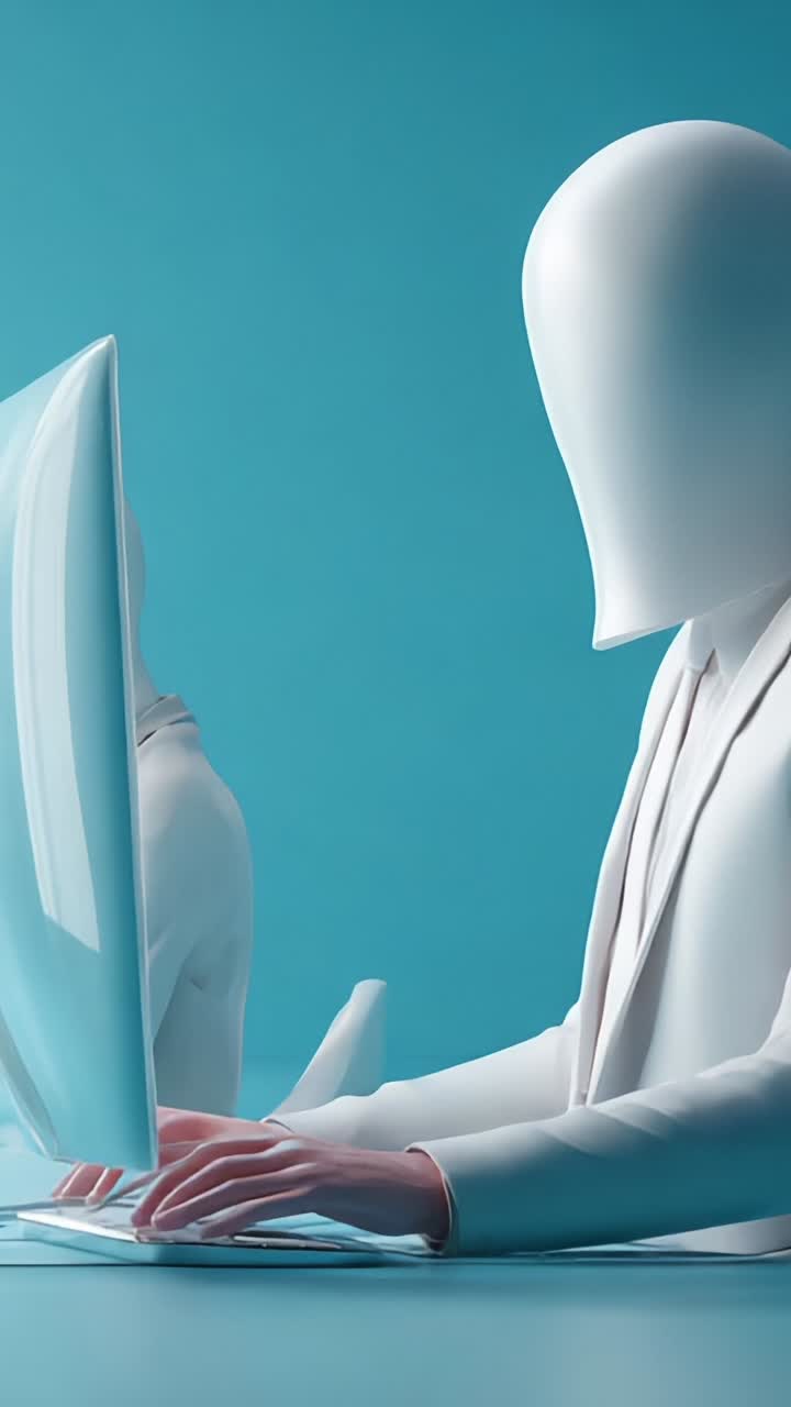A stylized representation of faceless figures working intensely at their computers, illustrating themes of anonymity, technology, and digital engagement in a minimalistic environment