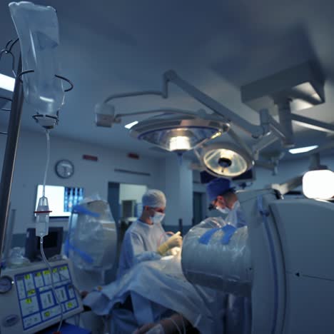 neurosurgery operation with operating surgery table, lamps and ultra modern devices, technology, hi-tech interior, medicine concept
