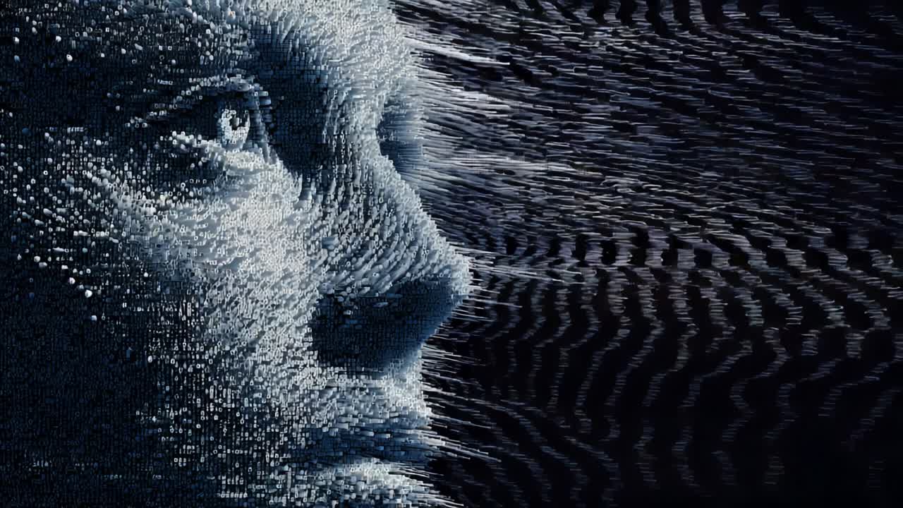 A mesmerizing display of digital art depicting a human-like face emerging from a swirling vortex of particles, showcasing the intricate interplay between light, shadow, and abstract shapes that evoke depth and emotion