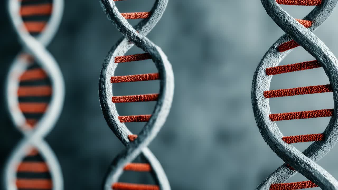 Detailed deoxyribonucleic acid model rotating on a dark background showing the iconic double helix structure, a concept for scientific research in genetics, biotechnology and molecular biology