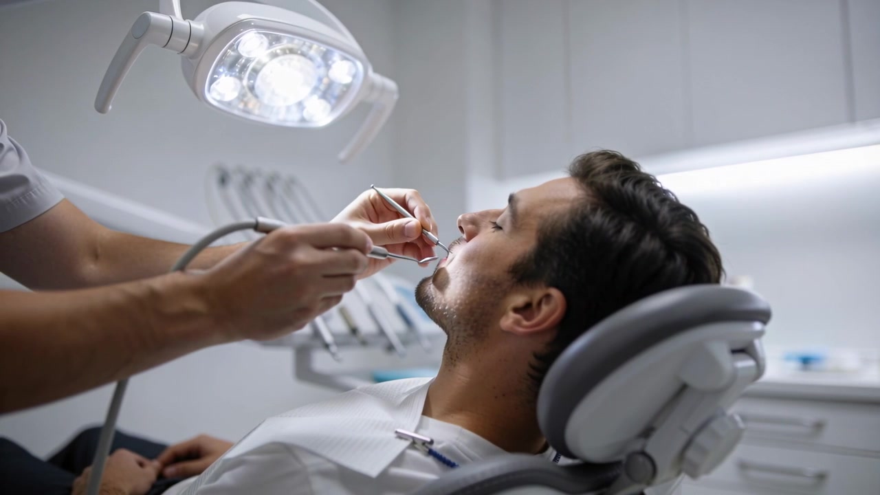 Clinico in divisa che si avvicina per pulire i denti a un paziente maschio che indossa un bavaglino in clinica, con l'aspiratore.