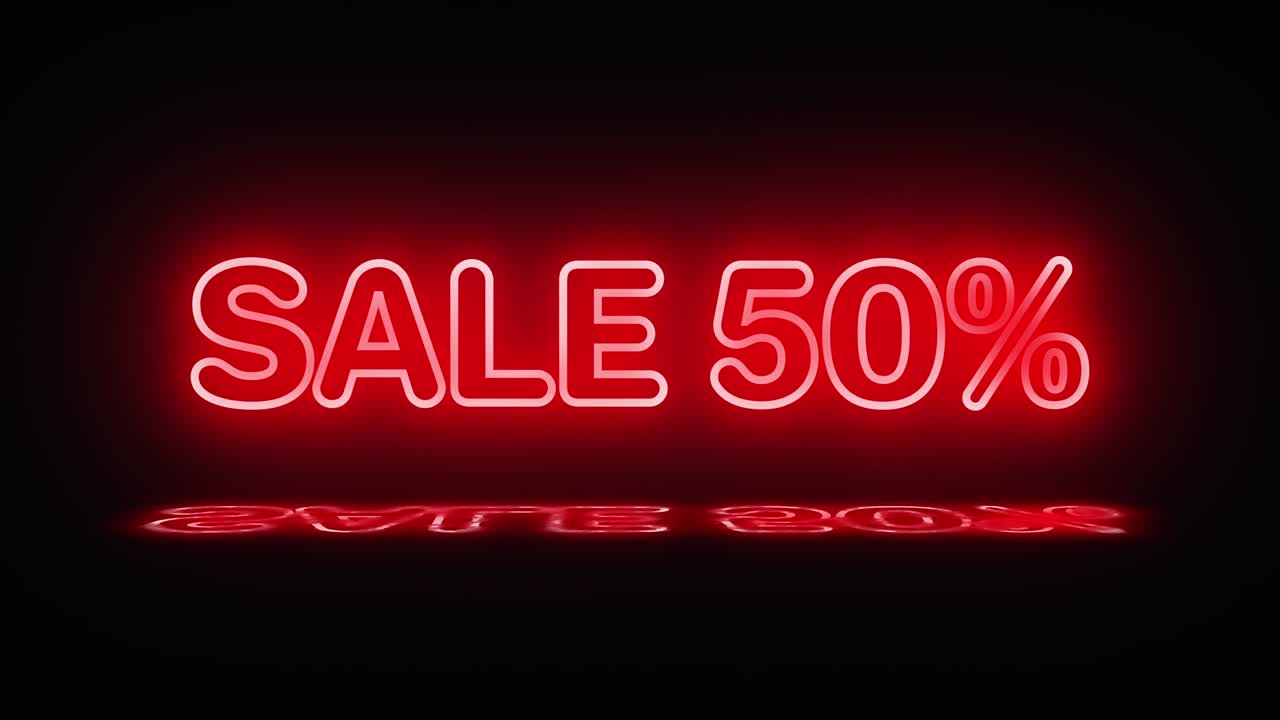 A neon sign with the word sale 50 percent lights up in red. A reflection appears in the puddle. The sign turns on and off. Motion graphics.