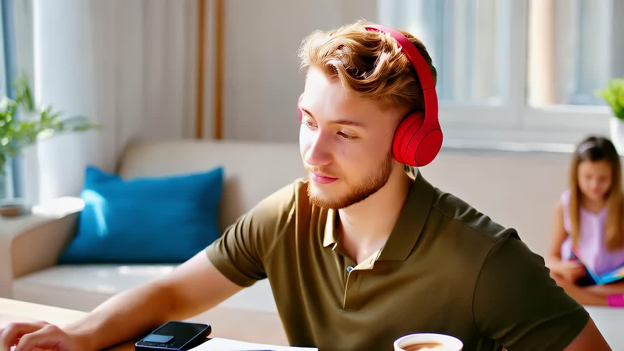 Um homem usando fones de ouvido está sentado a uma mesa no home office.