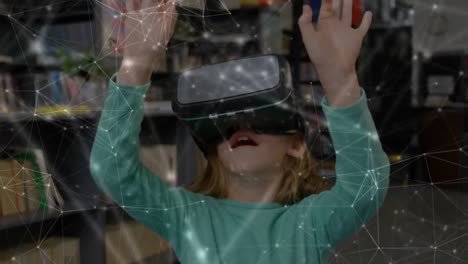 Netzwerk-Von-Verbindungen-Mit-Einer-Schülerin,-Die-Ein-VR-Headset-Trägt