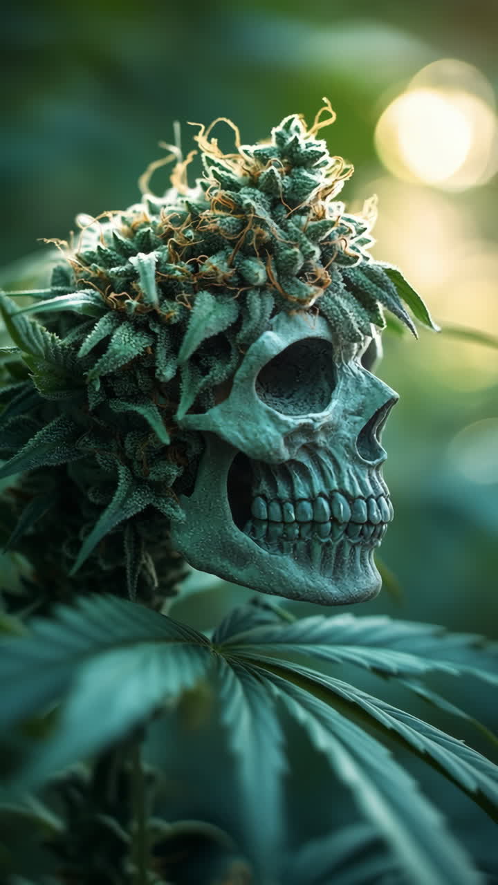Cannabis crowned skull in nature. A detailed skull adorned with a crown of cannabis buds, surrounded by lush green leaves, illuminated by soft sunlight.