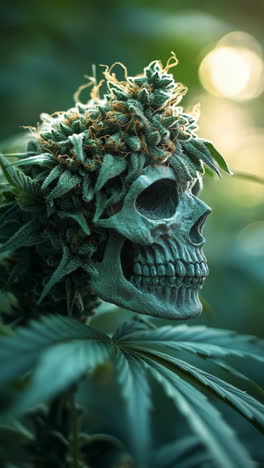 cannabis crowned skull in nature. a detailed skull adorned with a crown of cannabis buds, surrounded by lush green leaves, illuminated by soft sunlight.