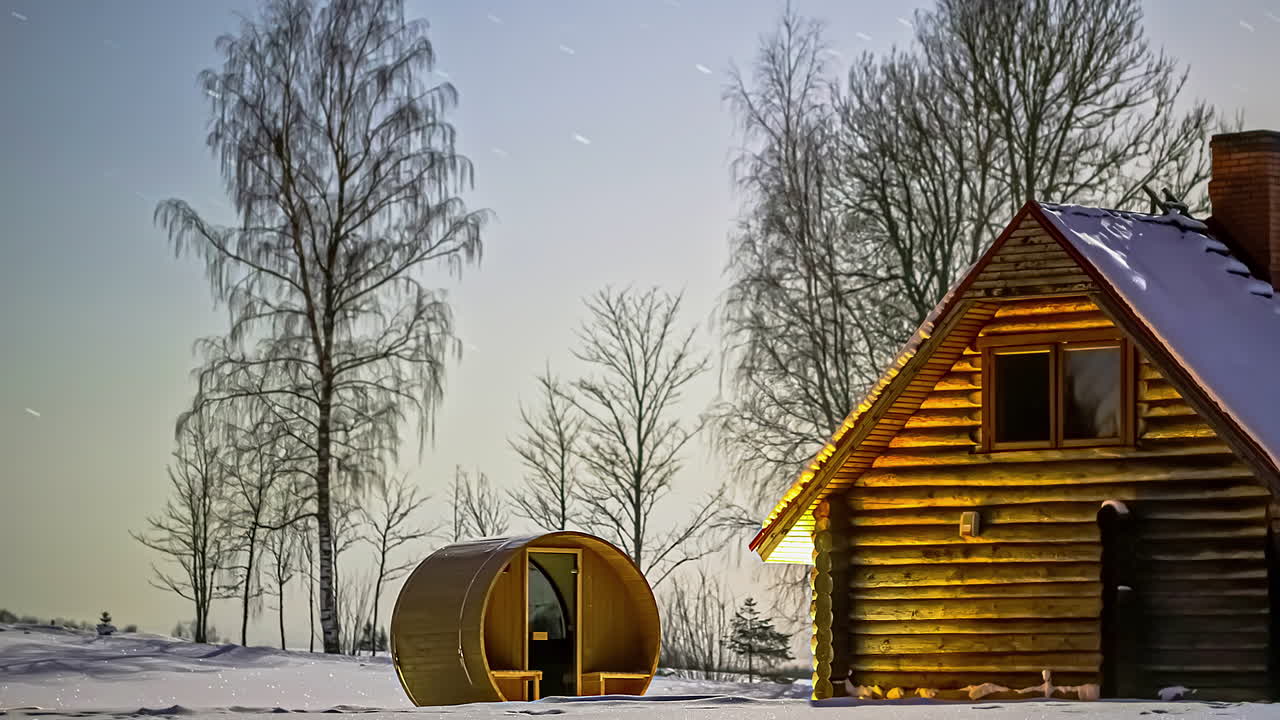 time-lapse de estrellas voladoras en el cielo nocturno con casa de madera y sauna de barril en primer plano en una fría noche de invierno