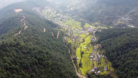 Una-Hermosa-Vista-Aérea-De-Las-Estribaciones-Del-Himalaya-Con-Un-Camino-Que-Serpentea-A-Lo-Largo-De-La-Base-De-Una-Colina-Con-Campos-De-Mostaza-Dispersos-Y-Casas