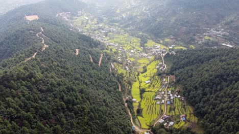 una hermosa vista aérea de las estribaciones del himalaya con un camino que serpentea a lo largo de la base de una colina con campos de mostaza dispersos y casas