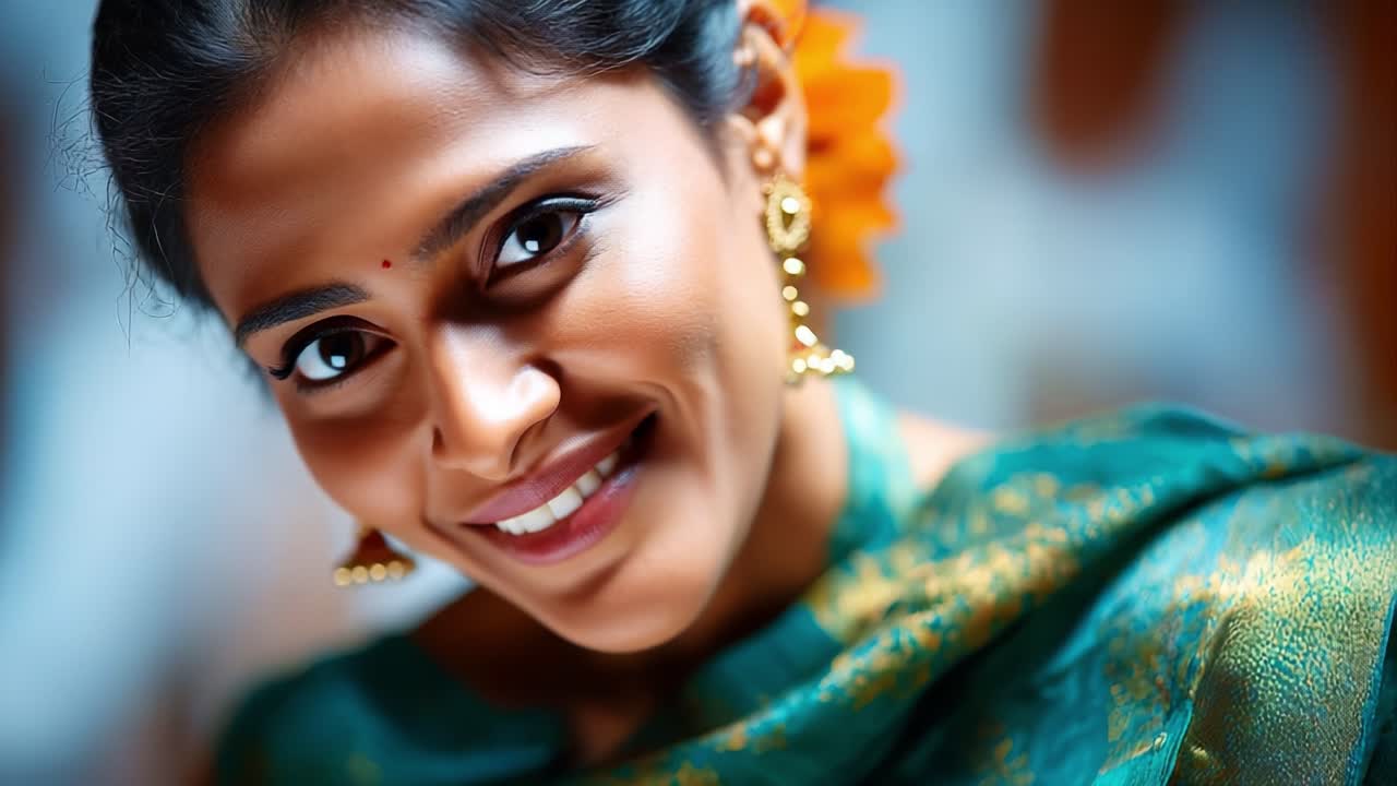 A radiant woman in an elegant green saree adorned with beautiful jewelry, showcasing her vibrant smile and captivating personality, embodying cultural heritage and grace