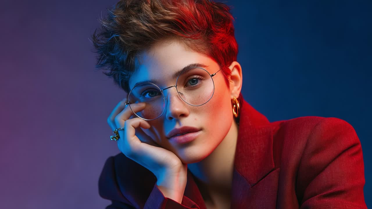 A Stunning Portrait Series Capturing a Young Woman's Emotional Journey Through Colorful Lighting and Elegant Fashion in a Studio Setting
