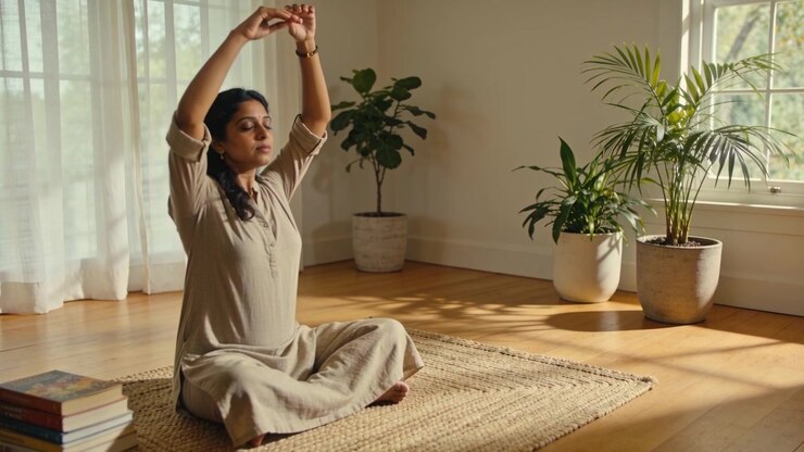Donna in kurta che alza le braccia dopo una pausa, intrecciando le mani e sollevandole sopra la testa per fare yoga su un tappeto di iuta.