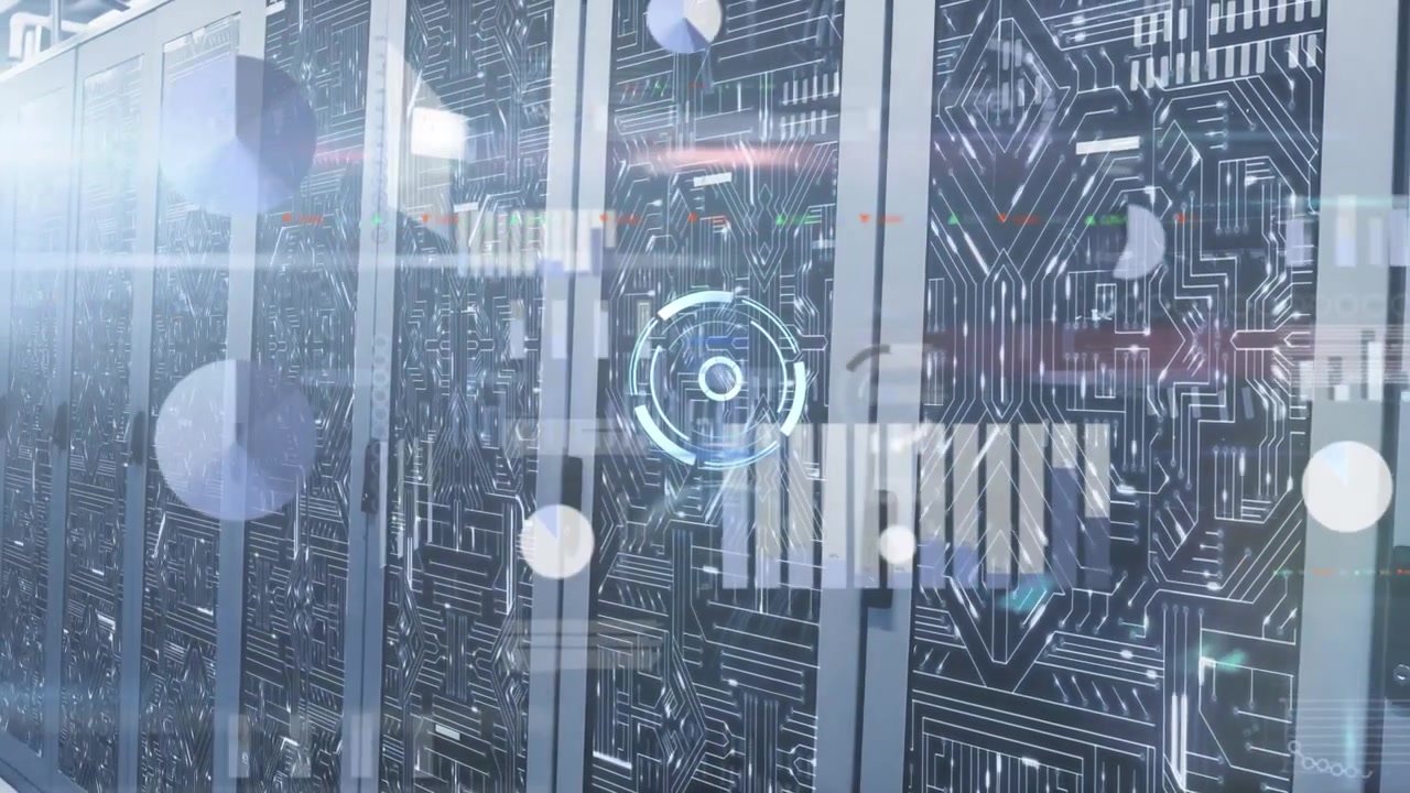 Animation of neon round scanner and statistical data processing against computer server room