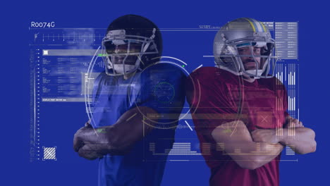 animación de radar y procesamiento de datos sobre dos jugadores de fútbol americano en fondo azul
