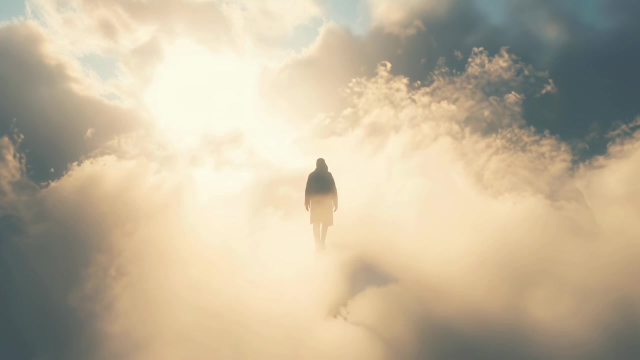 Silhouette of a Person Walking Towards a Bright Light in the Clouds