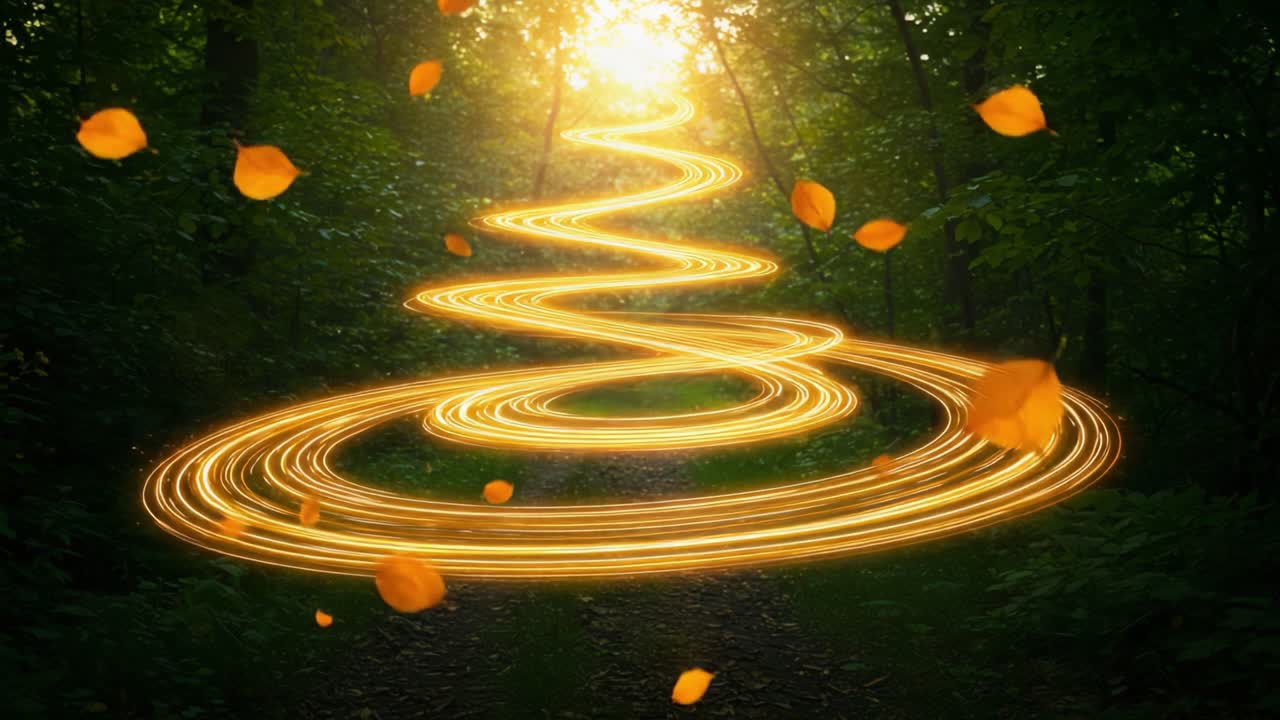 A Magical Journey Through a Sunlit Forest Path Where Golden Leaves Dance in Spirals of Light, Creating an Enchanting Ambiance of Autumn Serenity and Beauty